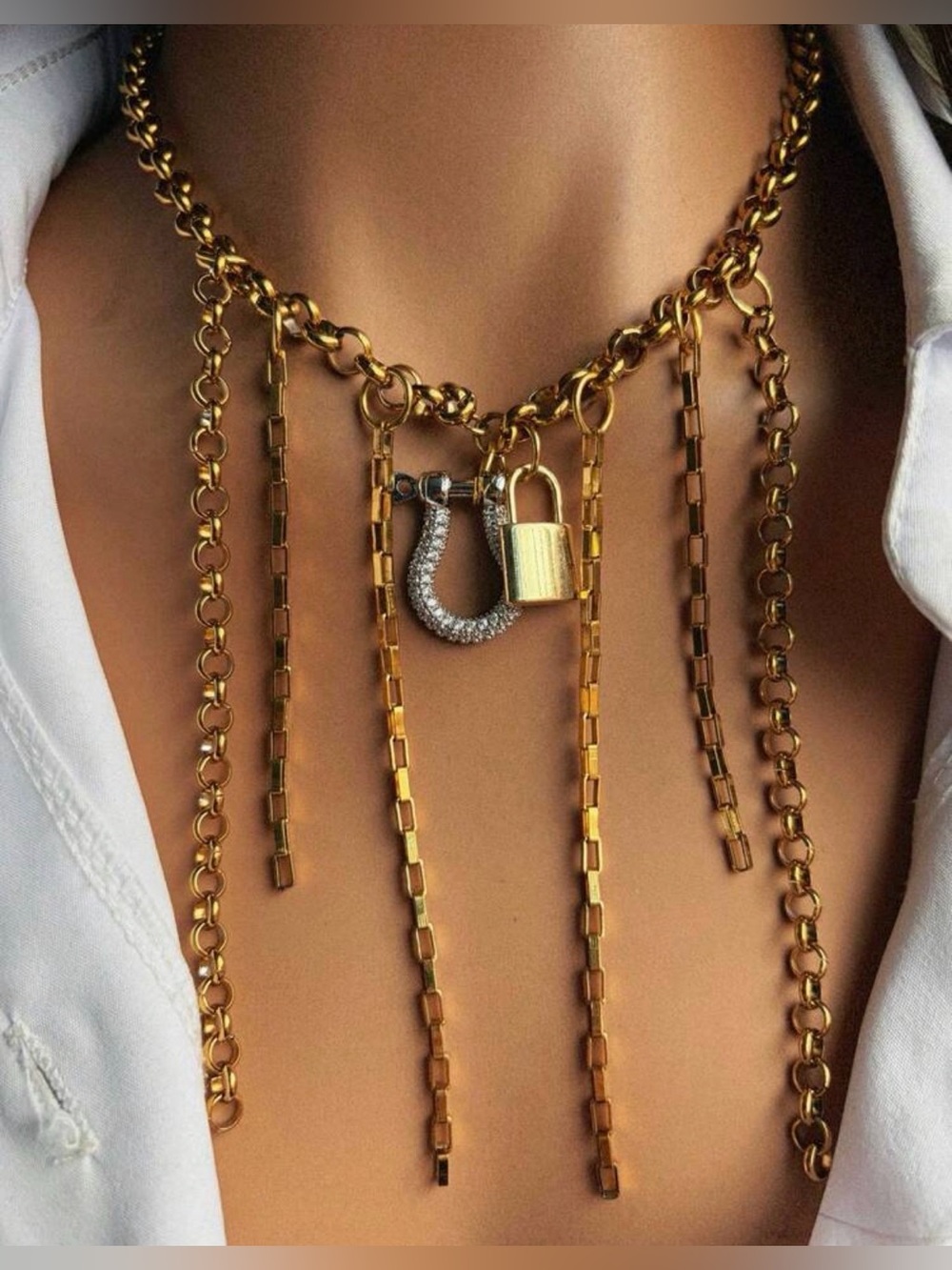 Western Necklace Gold Layered Padlock & Pave Horseshoe Fringe Necklace
